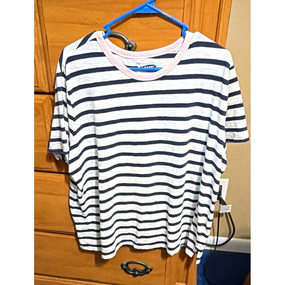 Old Navy Women's XXL Striped T-Shirt, White/Navy Round Neck Pink Contrast Trim